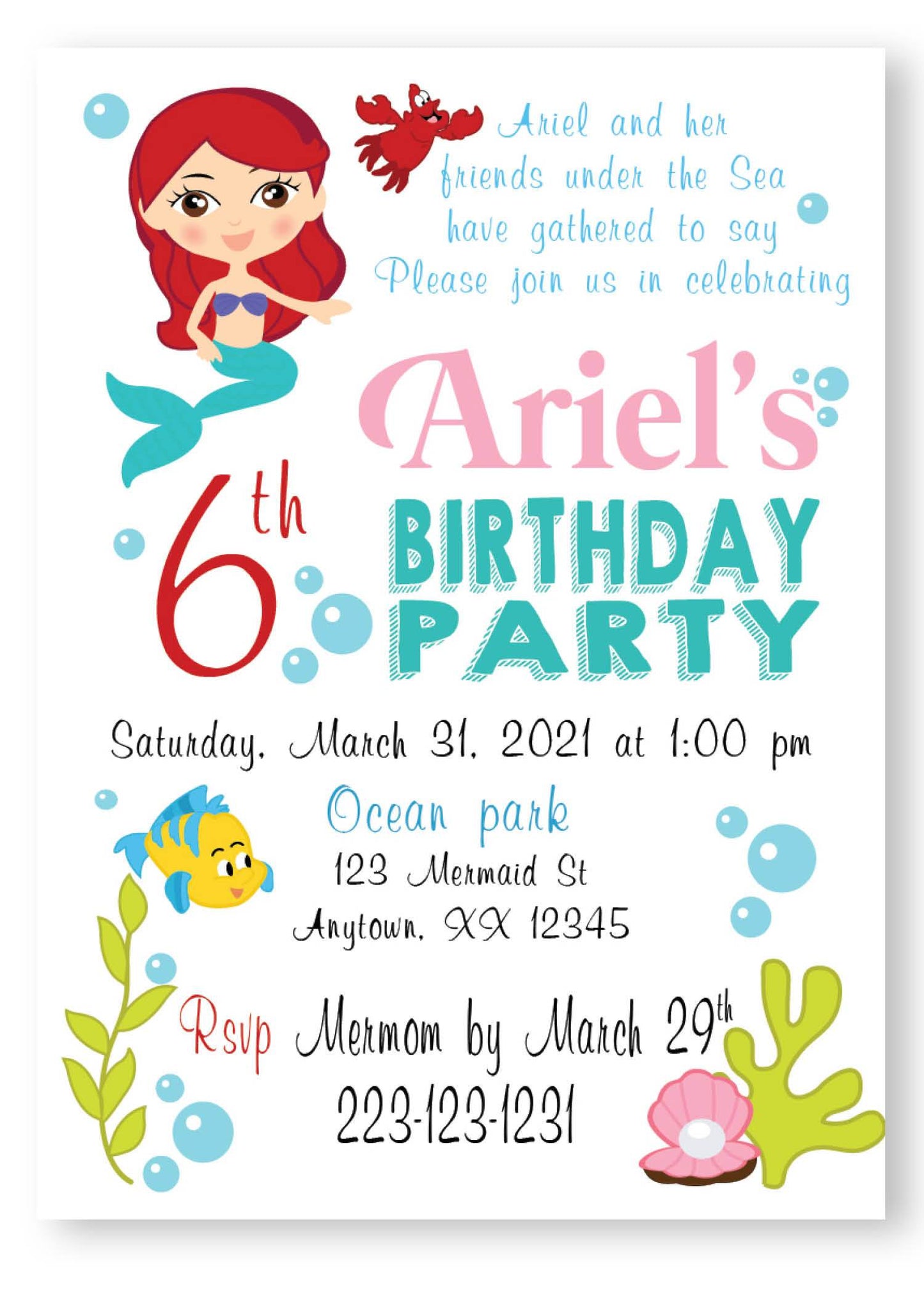 mermaid ariel and friends birthday invitation