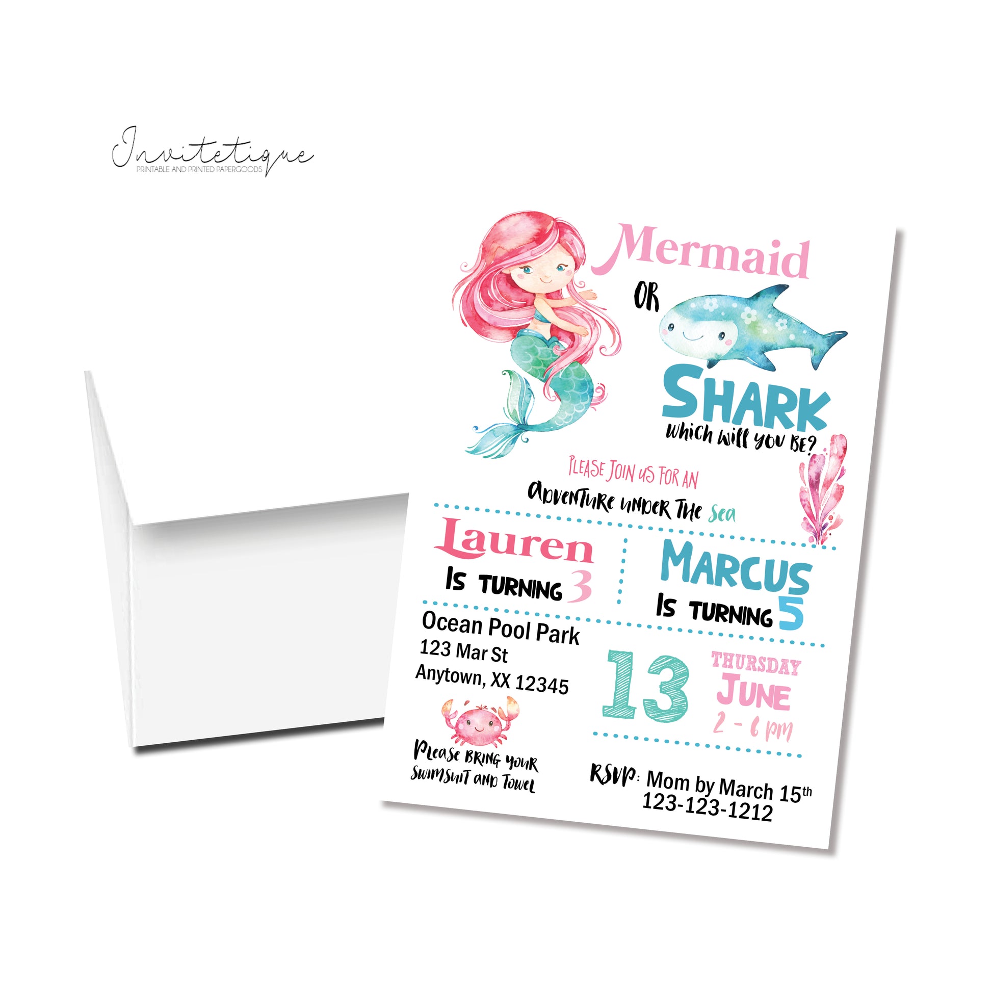Mermaid & Shark Birthday Invitations - Invitetique