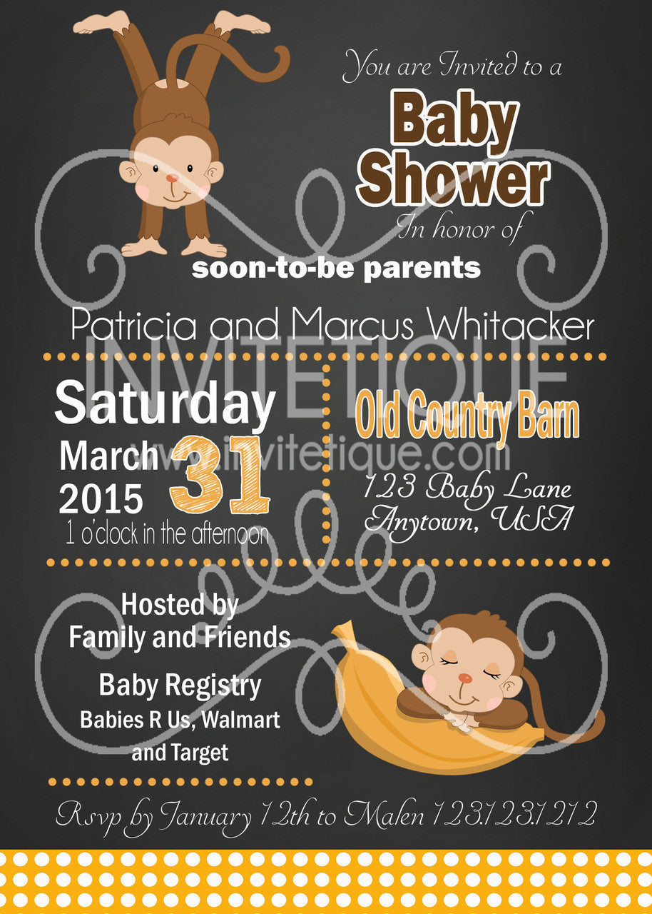 Jungle Chalk Monkey Boy Baby Shower Invitations - Invitetique