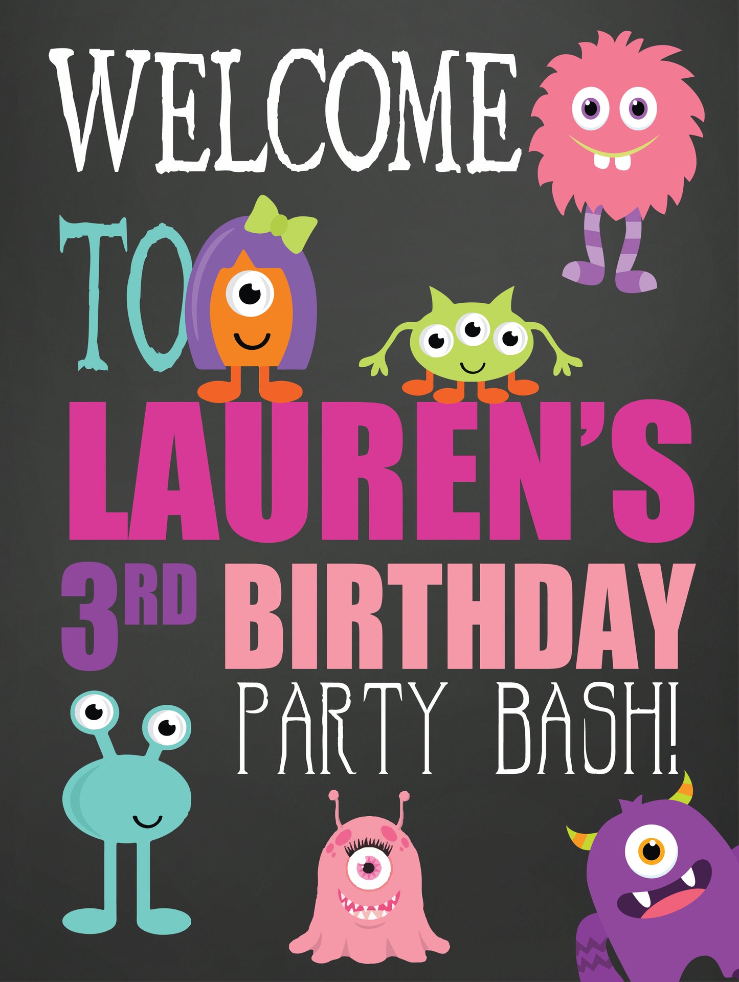 Monster girl birthday party welcome personalized sign