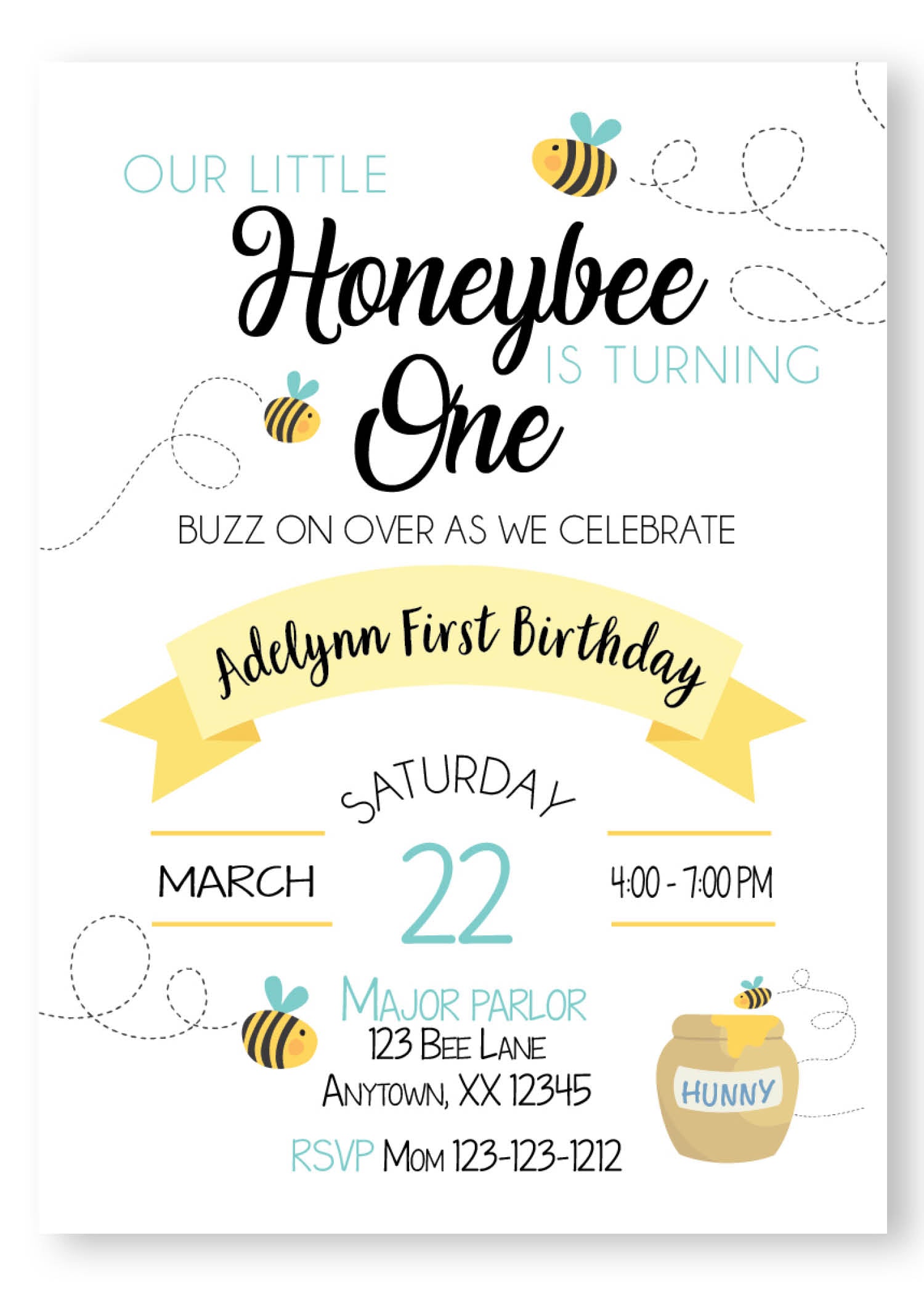 bumble bee, honey bee, honey bee invitation, bee first birthday invitation