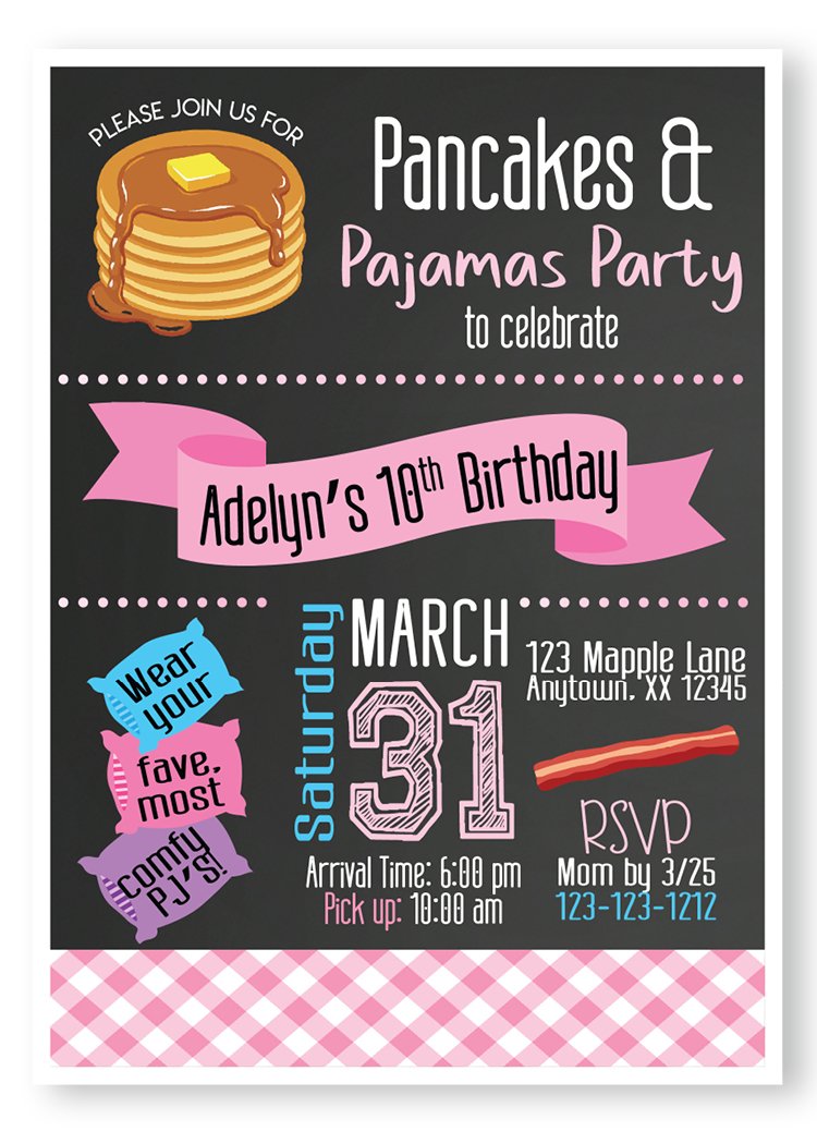 Pancakes birthday party, invitations, pancakes and pajamas birthday invitations, sleepover party invitation, sleepover birthday party