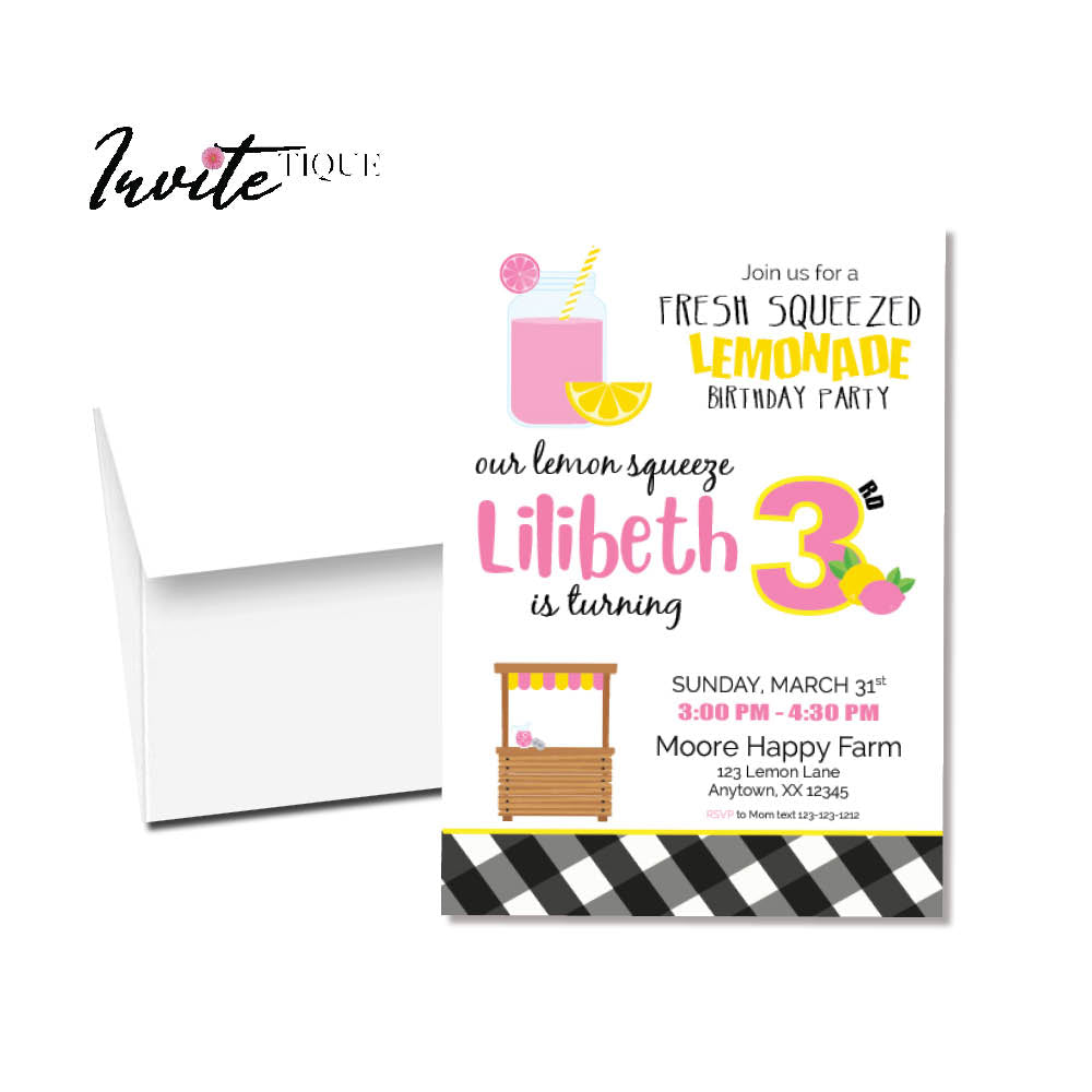 Pink lemon themed birthday invitation printed
