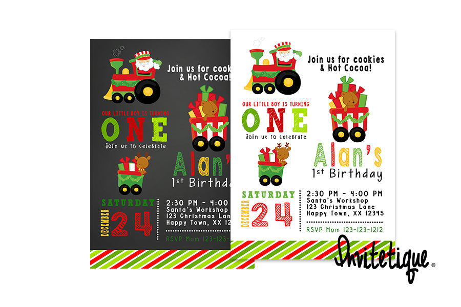 Santa Train Birthday Christmas Invitations - Invitetique