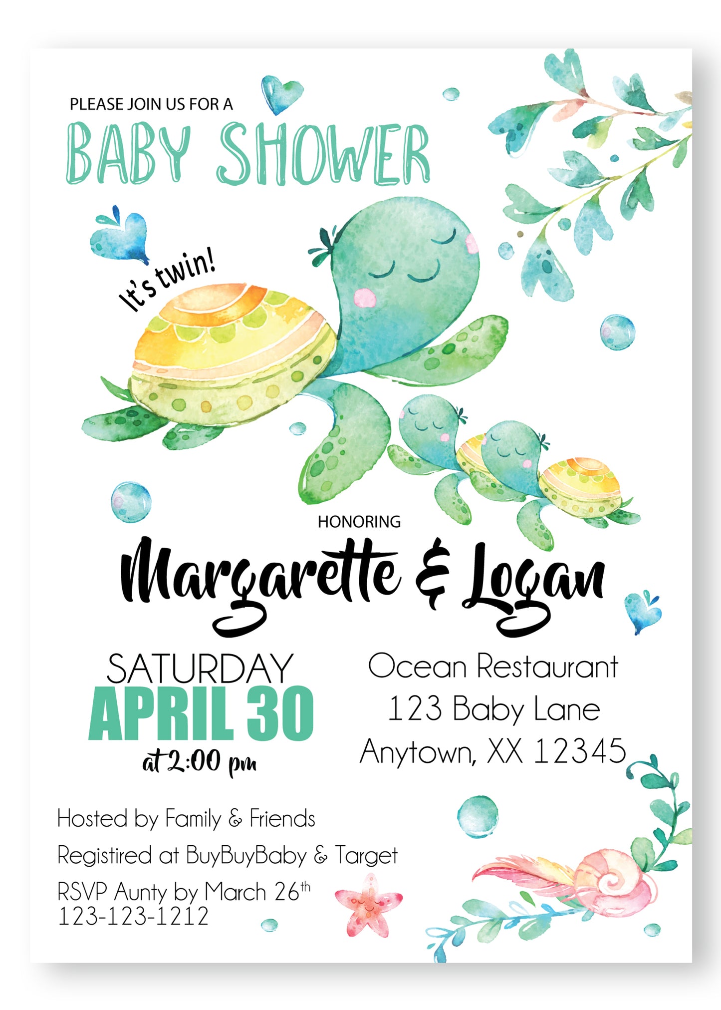 Sea Turtle twin Baby Shower Invitations - DIGITAL - Invitetique
