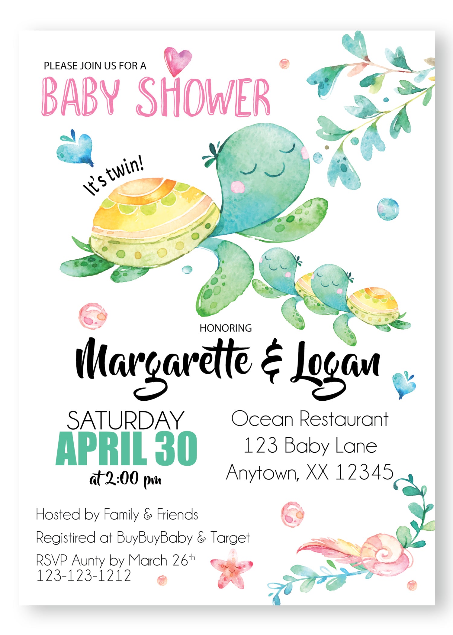 Sea Turtle twin Baby Shower Invitations - Invitetique