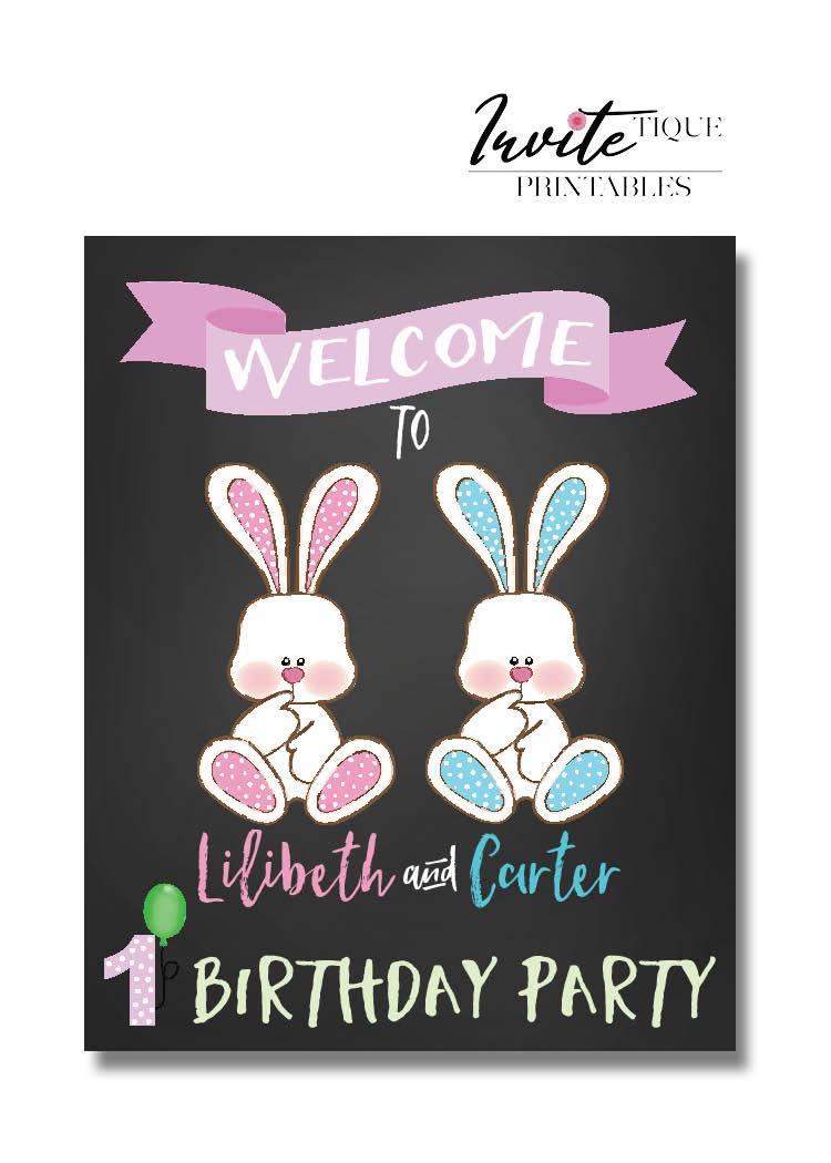 boy girl bunnie 1st birthday party sign