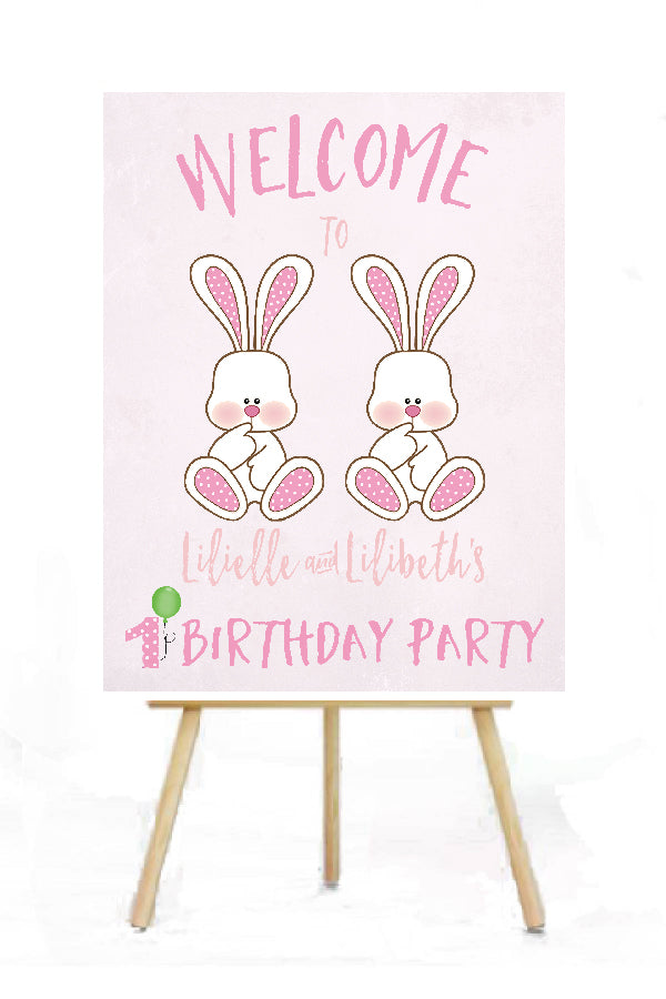 twin girl bunny birthday sign, bunny poster, bunny birthday personalized sign