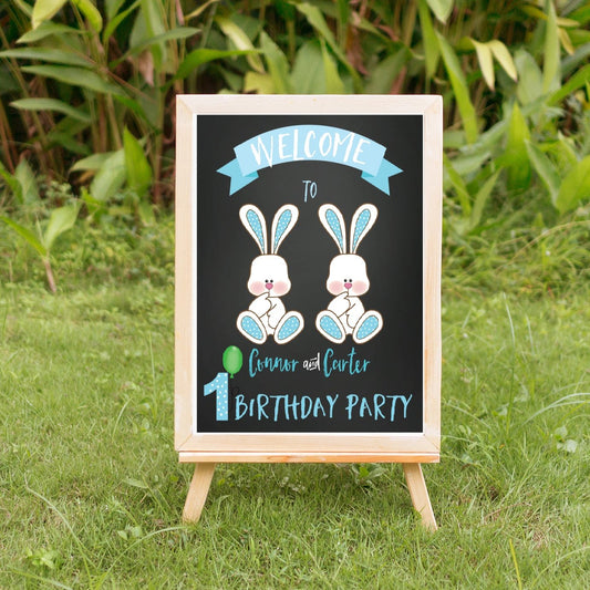 Spring bunnies twin boy sign, welcome sign, birthday bunny welcome sign
