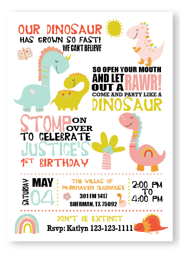 Rainbow and dinosaur girl birthday invitations