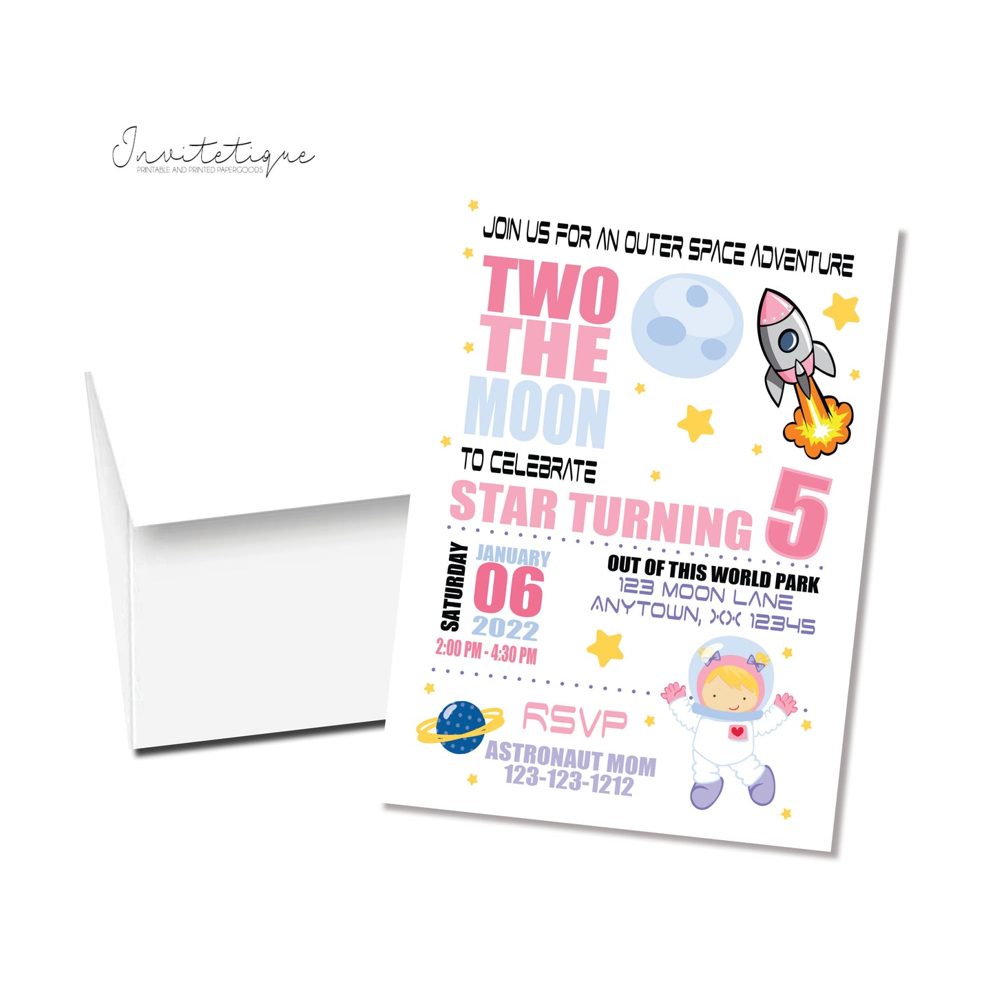 Two the moon girl space birthday invitation