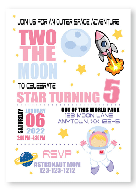 girl blast off space birthday invitation, kids birthday, girly space birthday