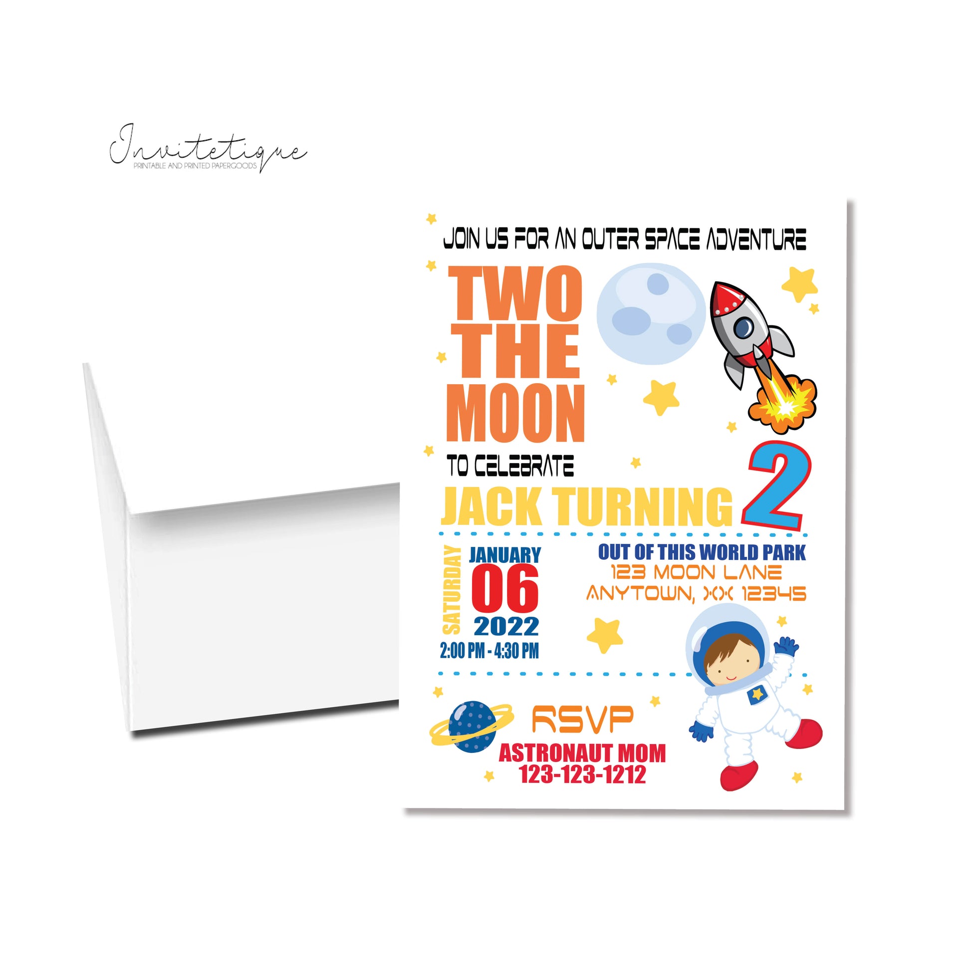 2 the moon star space galaxy printed invitation
