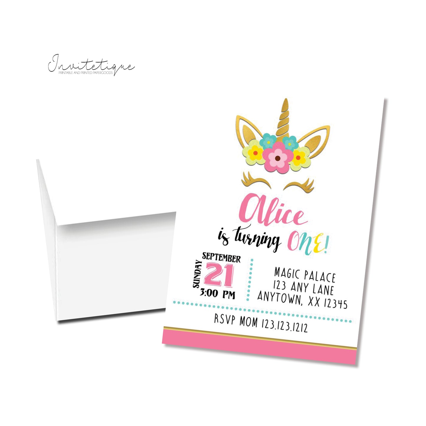 Pink & Gold Unicorn Birthday Invitations - Invitetique